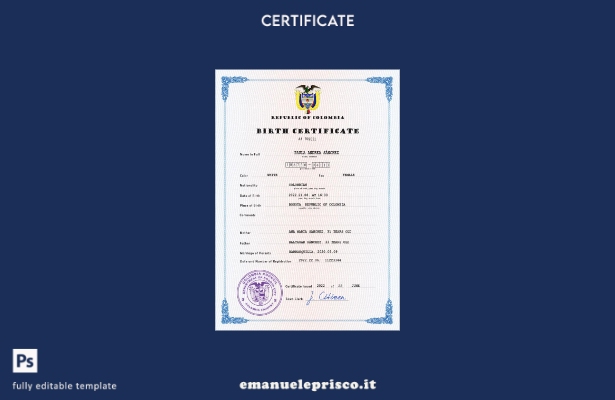 Modello PSD del certificato di nascita della Colombia in stile verificato